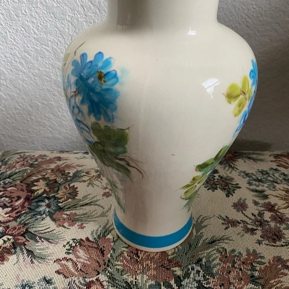 Vintage Hand Painted Floral Blossoms Ceramic Vase with Blue Accents 9.5”H